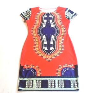 Used Large African Dashiki Dress Red Orange
